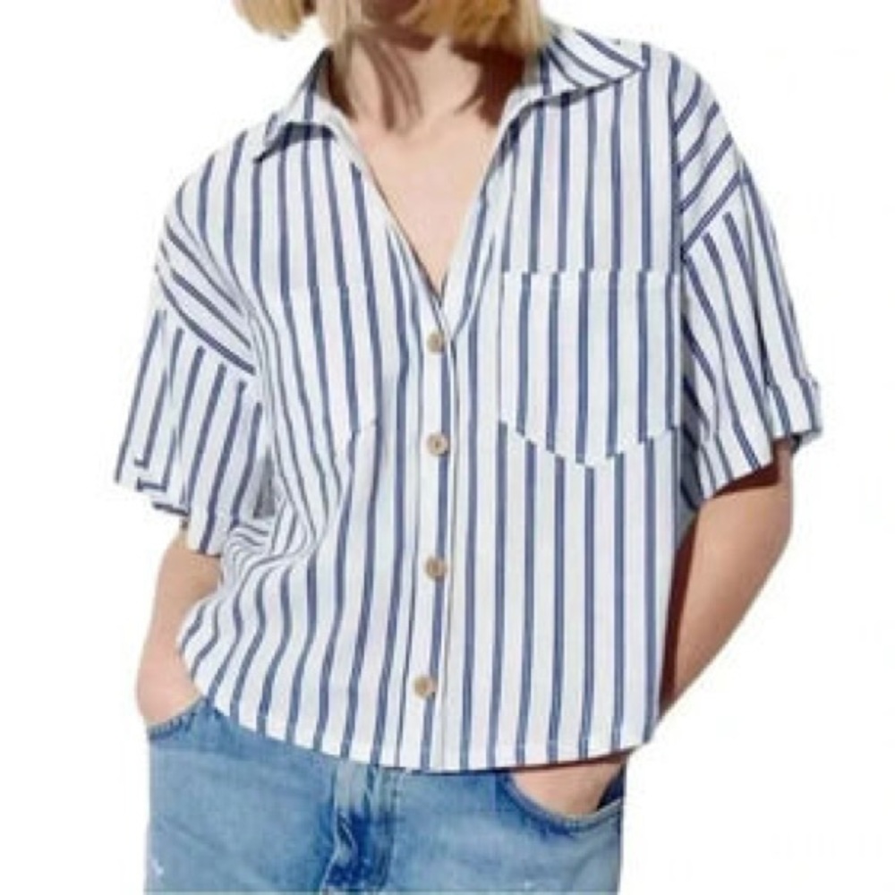 NWT Zara Linen Blend White with Blue Stripes Shirt , M